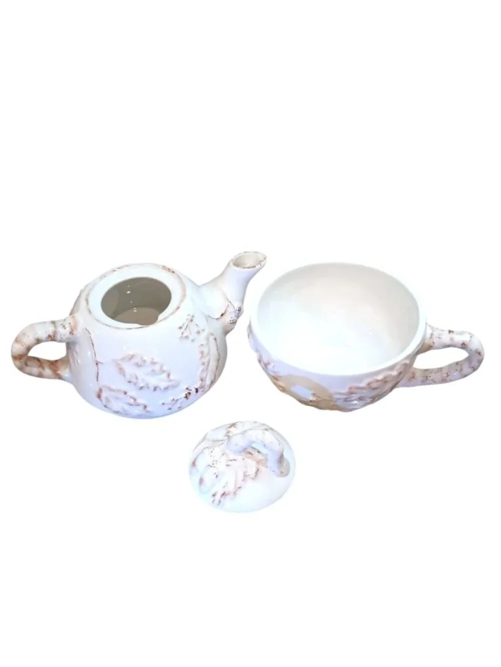 Vintage Tea For One Cup Teapot W Lid Shabby Chic Cottage White 3 Piece Set 7